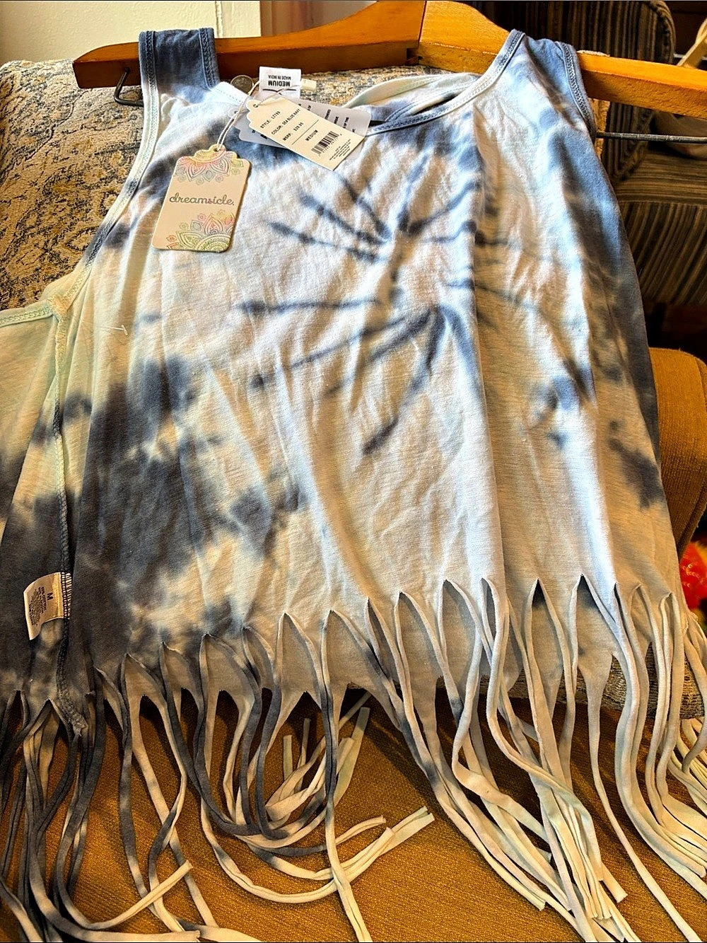 Dreamsicle Tie Dye Fringe Tank Top Blue & White NWT